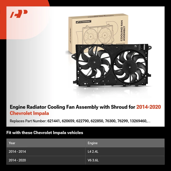 Engine Radiator Cooling Fan Assembly with Shroud for 2014-2020 Chevrolet Impala