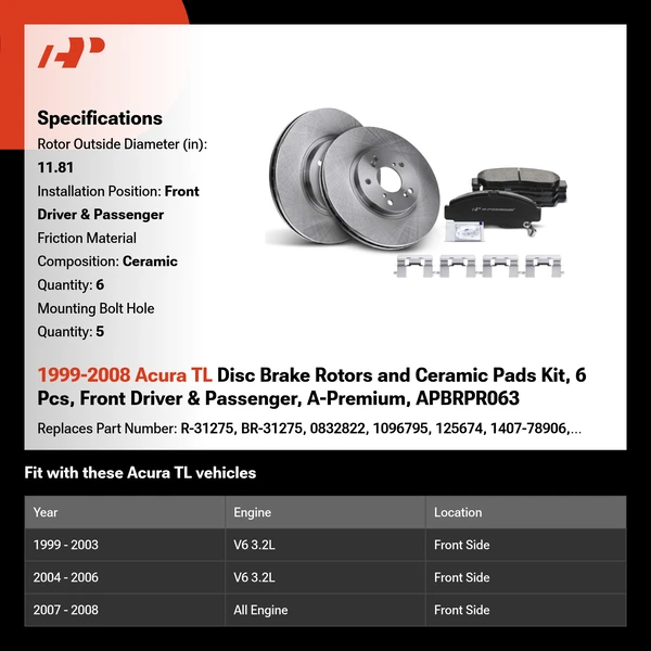 1999-2008 Acura TL Disc Brake Rotors and Ceramic Pads Kit, 6 Pcs, Front Driver & Passenger, A-Premium, APBRPR063
