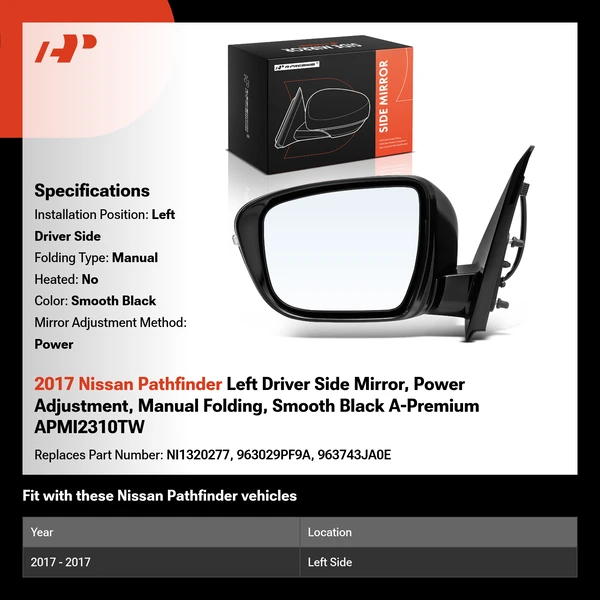 2017 Nissan Pathfinder Left Driver Side Mirror, Power Adjustment, Manual Folding, Smooth Black A-Premium APMI2310TW