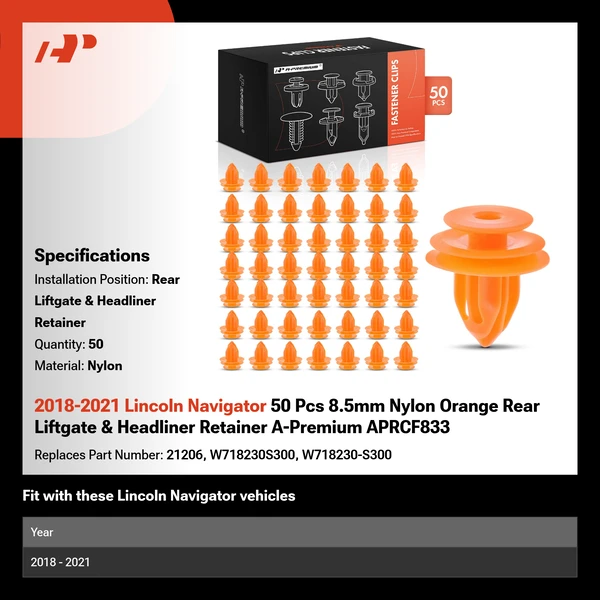 2018-2021 Lincoln Navigator 50 Pcs 8.5mm Nylon Orange Rear Liftgate & Headliner Retainer A-Premium APRCF833