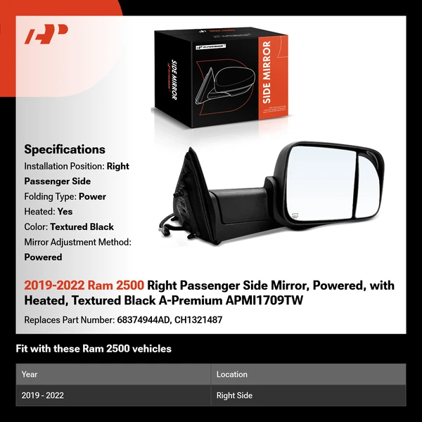 2019-2022 Ram 2500 Right Passenger Side Mirror, Powered, with Heated, Textured Black A-Premium APMI1709TW