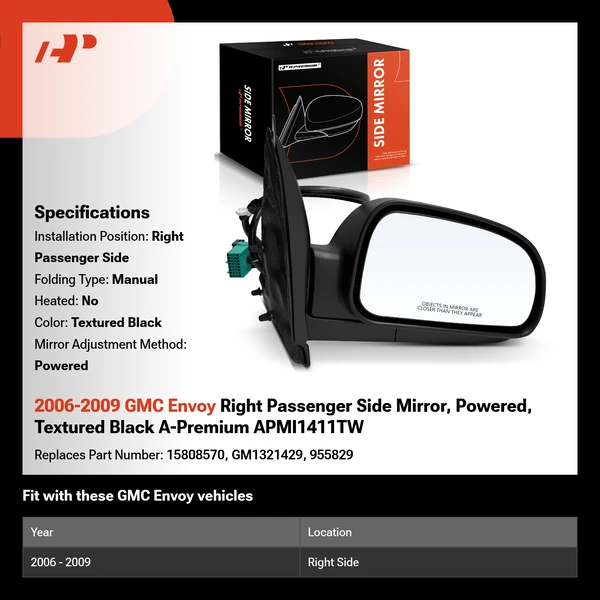2006-2009 GMC Envoy Right Passenger Side Mirror, Powered, Textured Black A-Premium APMI1411TW