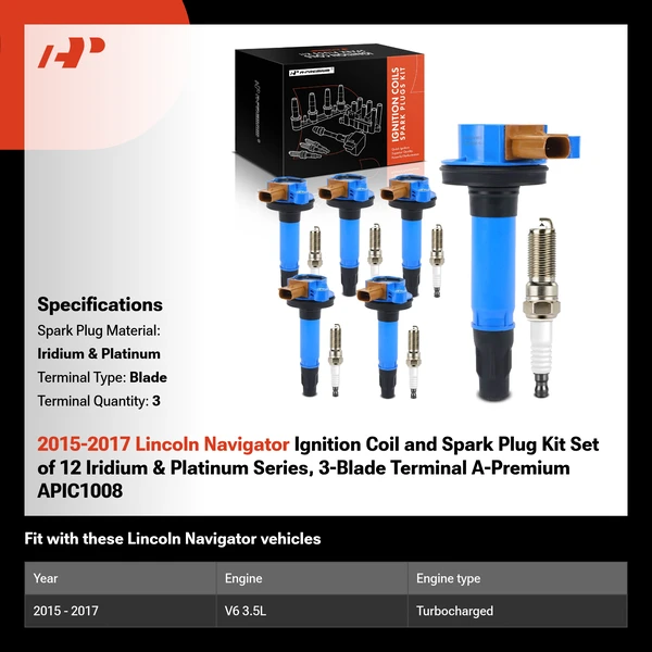 2015-2017 Lincoln Navigator Ignition Coil and Spark Plug Kit Set of 12 Iridium & Platinum Series, 3-Pin Terminal A-Premium APIC1008