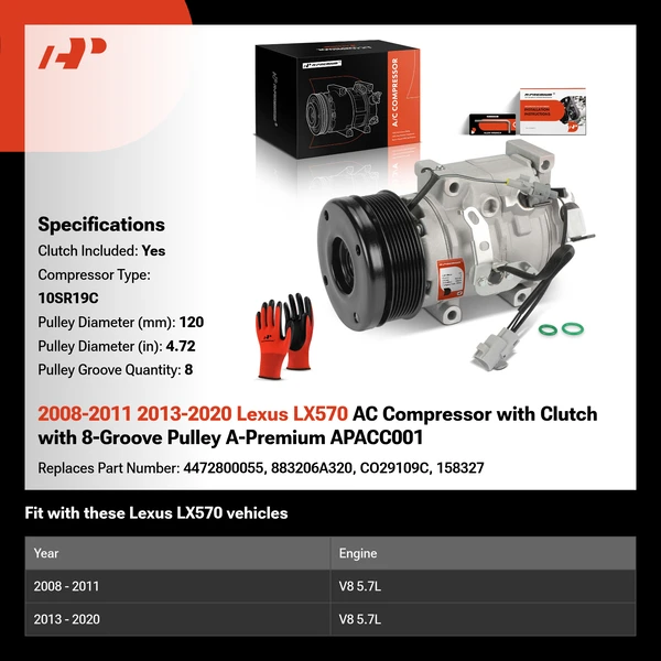 2008-2011 2013-2020 Lexus LX570 AC Compressor with Clutch with 8-Groove Pulley A-Premium APACC001