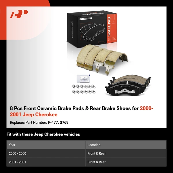 8 Pcs Front Ceramic Brake Pads & Rear Brake Shoes for 2000-2001 Jeep Cherokee