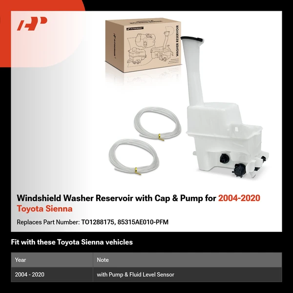 Windshield Washer Reservoir with Cap & Pump for 2004-2020 Toyota Sienna