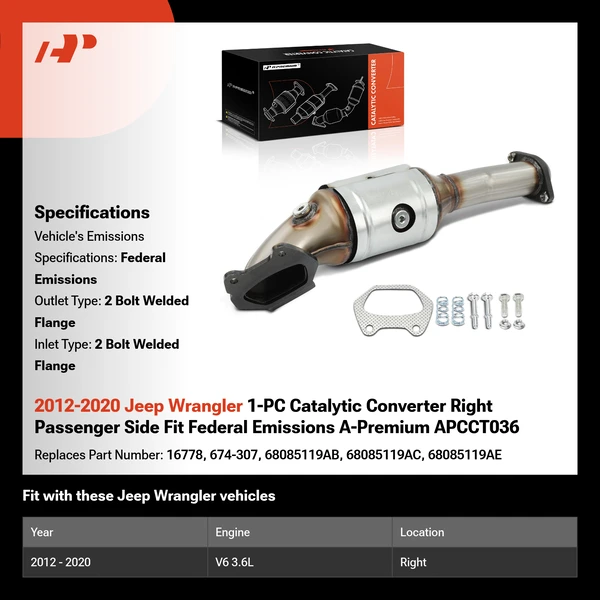 2012-2020 Jeep Wrangler 1-PC Catalytic Converter Right Passenger Side Fit Federal Emissions A-Premium APCCT036