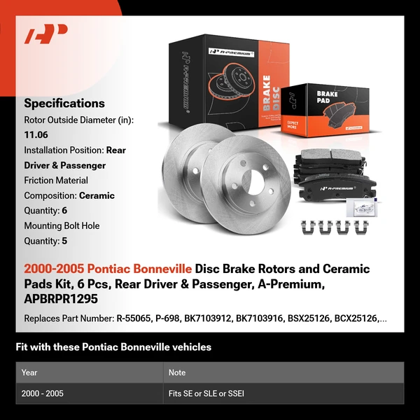 2000-2005 Pontiac Bonneville Disc Brake Rotors and Ceramic Pads Kit, 6 Pcs, Rear Driver & Passenger, A-Premium, APBRPR1295