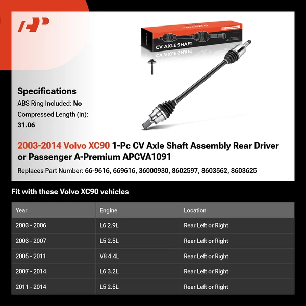 2003-2014 Volvo XC90 1-Pc CV Axle Shaft Assembly Rear Driver or Passenger A-Premium APCVA1091