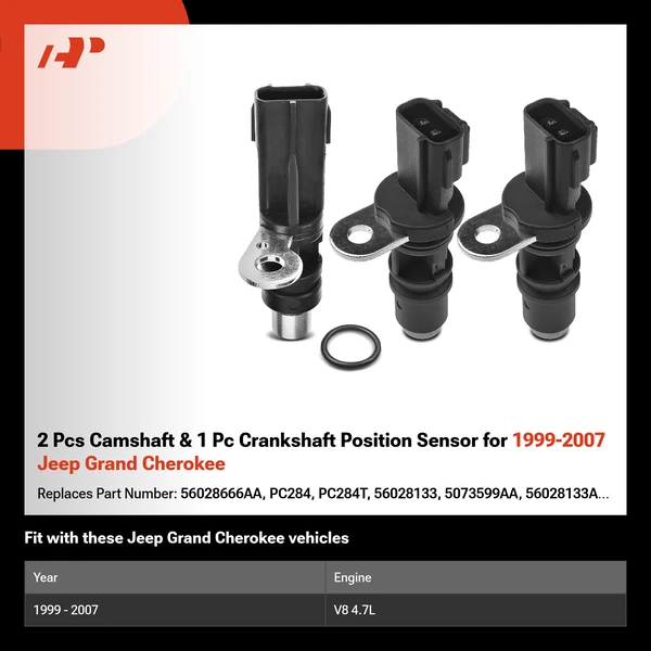 2 Pcs Camshaft & 1 Pc Crankshaft Position Sensor for 1999-2007 Jeep Grand Cherokee