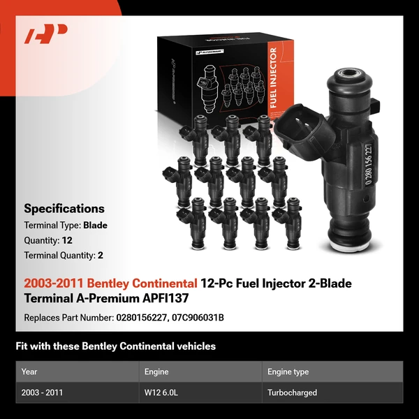 2003-2011 Bentley Continental 12-Pc Fuel Injector 2-Blade Terminal A-Premium APFI137