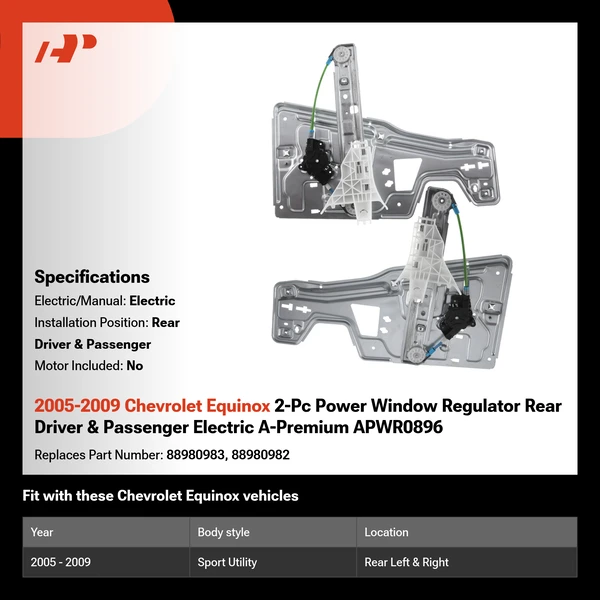 2005-2009 Chevrolet Equinox 2-Pc Power Window Regulator Rear Driver & Passenger Electric A-Premium APWR0896