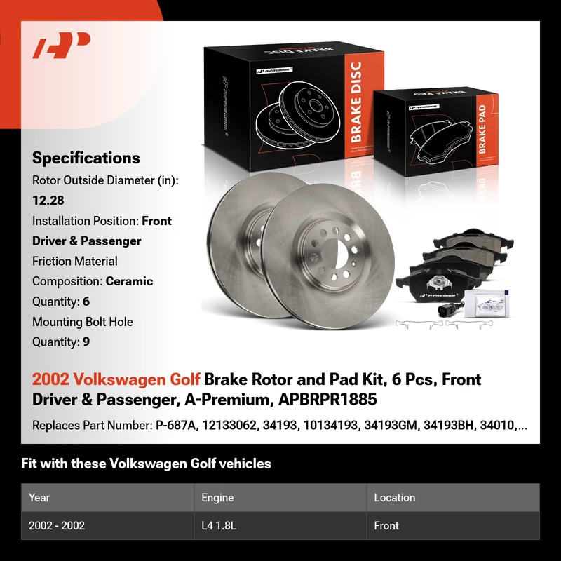 2002 Volkswagen Golf Brake Rotor and Pad Kit, 6 Pcs, Front Driver & Passenger, A-Premium, APBRPR1885