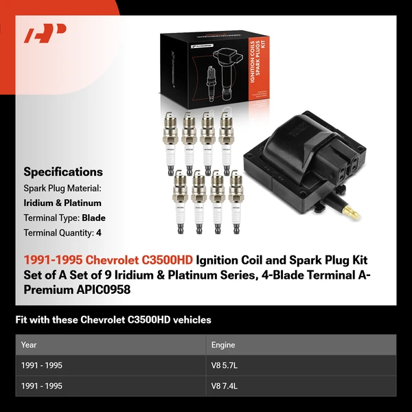 1991-1995 Chevrolet C3500HD Ignition Coil and Spark Plug Kit Set of A Set of 9 Iridium & Platinum Series, 4-Blade Terminal A-Premium APIC0958
