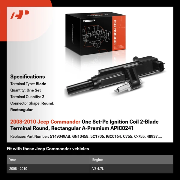 2008-2010 Jeep Commander One Set-Pc Ignition Coil 2-Blade Terminal Round, Rectangular A-Premium APIC0241