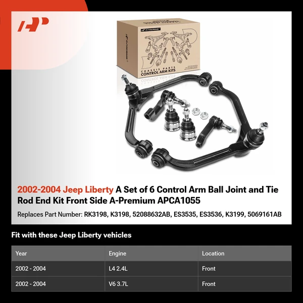 2002-2004 Jeep Liberty A Set of 6 Control Arm Ball Joint and Tie Rod End Kit Front Side A-Premium APCA1055