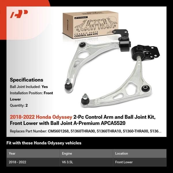 2018-2022 Honda Odyssey 2-Pc Control Arm and Ball Joint Kit, Front Lower with Ball Joint A-Premium APCA5520