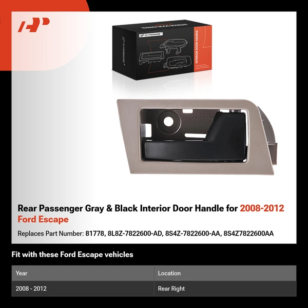 Rear Passenger Gray & Black Interior Door Handle for 2008-2012 Ford Escape