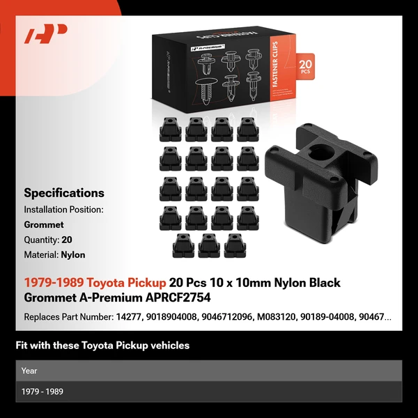 1979-1989 Toyota Pickup 20 Pcs 10 x 10mm Nylon Black Grommet A-Premium APRCF2754
