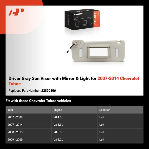 Driver Gray Sun Visor with Mirror & Light for 2007-2014 Chevrolet Tahoe