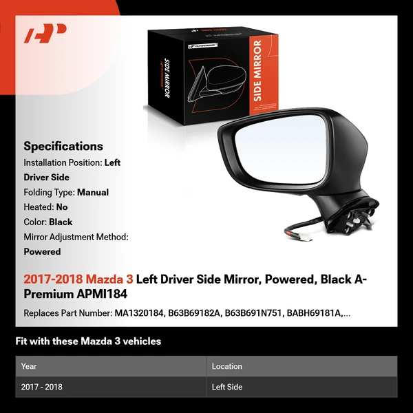 2017-2018 Mazda 3 Left Driver Side Mirror, Powered, Black A-Premium APMI184