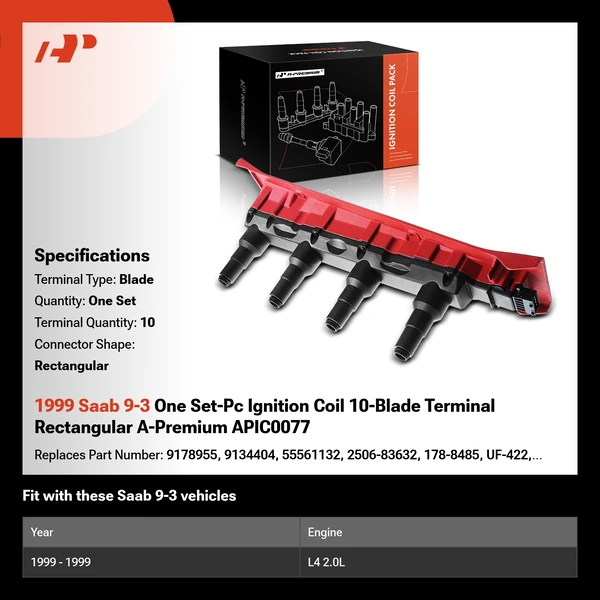 1999 Saab 9-3 One Set-Pc Ignition Coil 10-Blade Terminal Rectangular A-Premium APIC0077