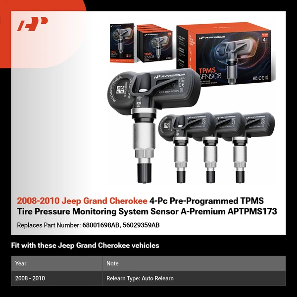 2008-2010 Jeep Grand Cherokee 4-Pc Pre-Programmed TPMS Tire Pressure Monitoring System Sensor A-Premium APTPMS173