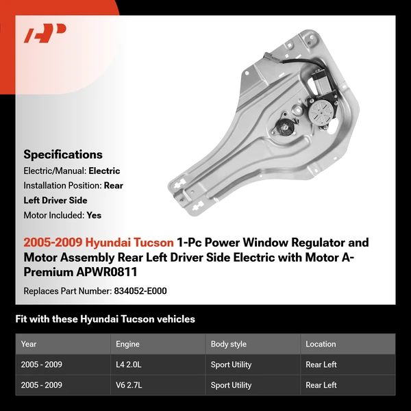 2005-2009 Hyundai Tucson 1-Pc Power Window Regulator and Motor Assembly Rear Left Driver Side Electric with Motor A-Premium APWR0811