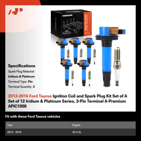 2013-2016 Ford Taurus Ignition Coil and Spark Plug Kit Set of A Set of 12 Iridium & Platinum Series, 3-Pin Terminal A-Premium APIC1008