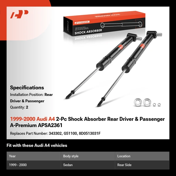 1999-2000 Audi A4 2-Pc Shock Absorber Rear Driver & Passenger A-Premium APSA2361