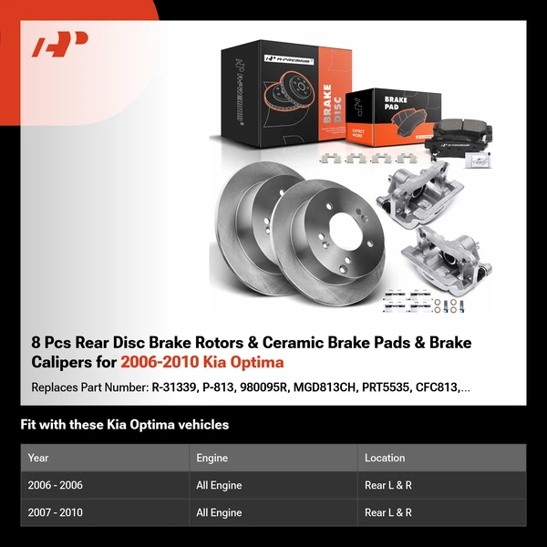 8 Pcs Rear Disc Brake Rotors & Ceramic Brake Pads & Brake Calipers for 2006-2010 Kia Optima