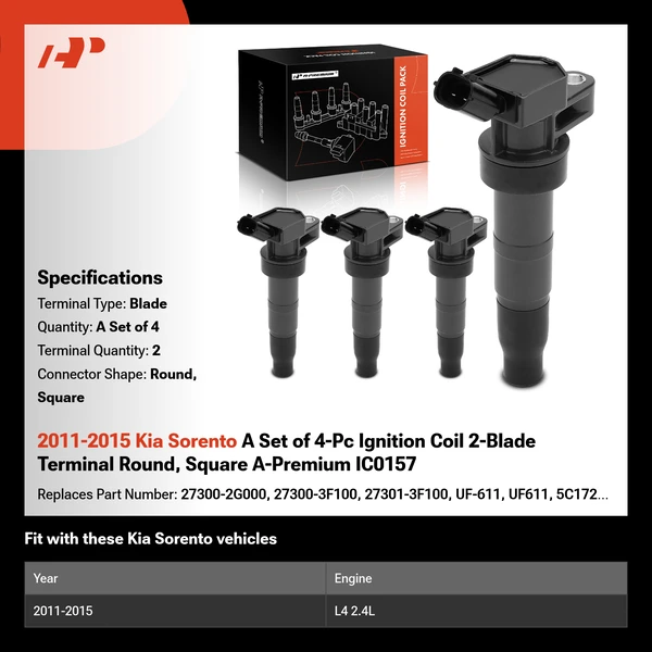 2011-2015 Kia Sorento A Set of 4-Pc Ignition Coil 2-Blade Terminal Round, Square A-Premium IC0157