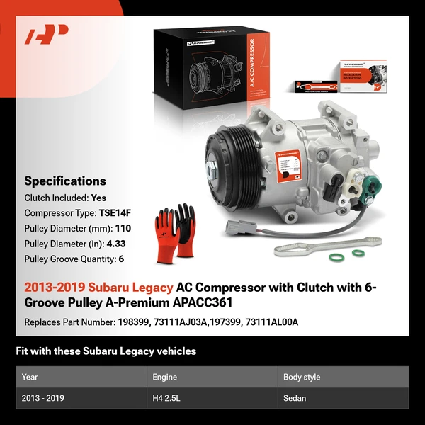 2013-2019 Subaru Legacy AC Compressor with Clutch with 6-Groove Pulley A-Premium APACC361
