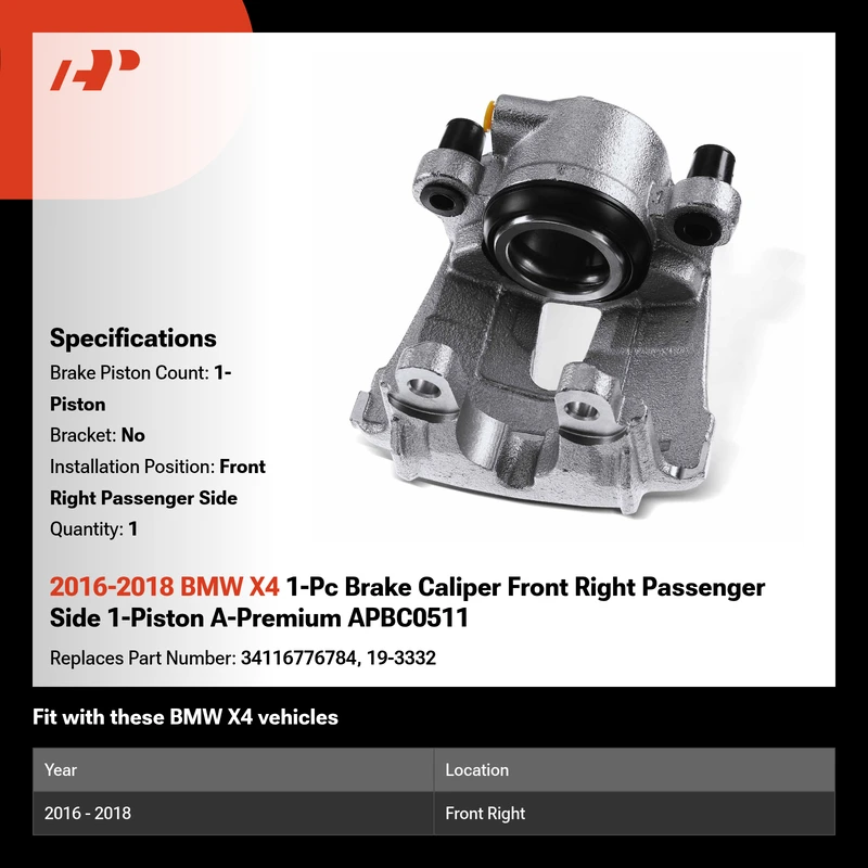 2016-2018 BMW X4 1-Pc Brake Caliper Front Right Passenger Side 1-Piston A-Premium APBC0511