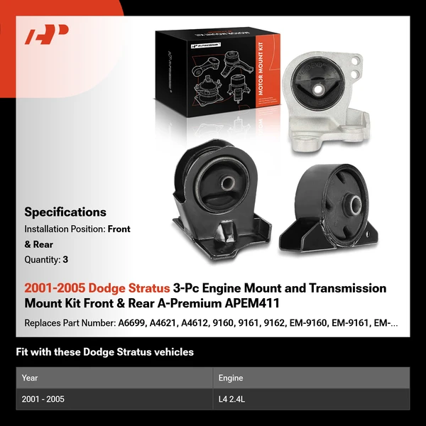2001-2005 Dodge Stratus 3-Pc Engine Mount and Transmission Mount Kit Front & Rear A-Premium APEM411
