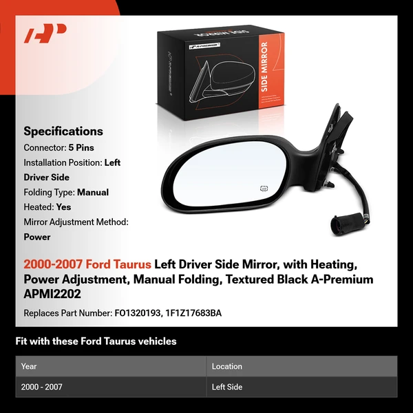 2000-2007 Ford Taurus Left Driver Side Mirror, with Heating, Power Adjustment, Manual Folding, Textured Black A-Premium APMI2202
