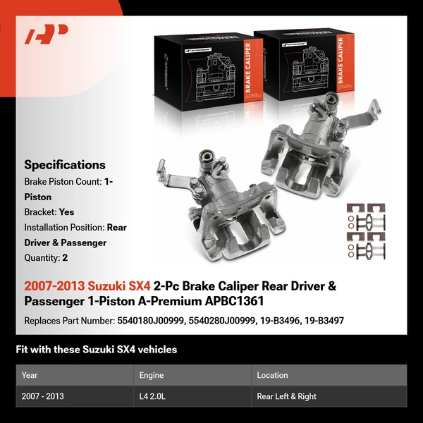 2007-2013 Suzuki SX4 2-Pc Brake Caliper Rear Driver & Passenger 1-Piston A-Premium APBC1361