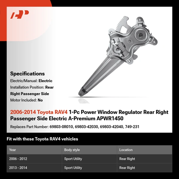 2006-2014 Toyota RAV4 1-Pc Power Window Regulator Rear Right Passenger Side Electric A-Premium APWR1450