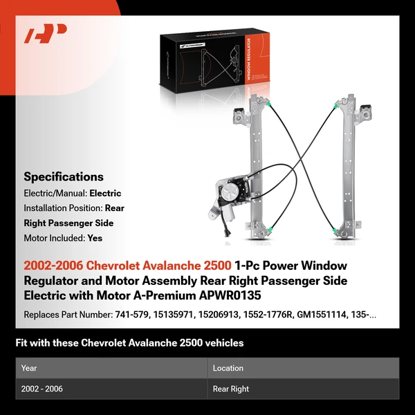 2002-2006 Chevrolet Avalanche 2500 1-Pc Power Window Regulator and Motor Assembly Rear Right Passenger Side Electric with Motor A-Premium APWR0135