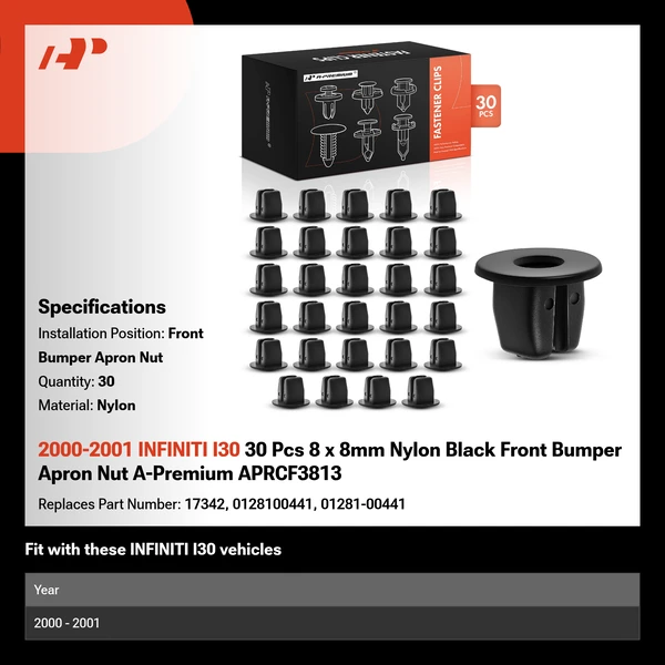 2000-2001 INFINITI I30 30 Pcs 8 x 8mm Nylon Black Front Bumper Apron Nut A-Premium APRCF3813