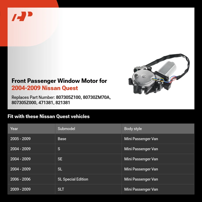 Front Passenger Window Motor for 2004-2009 Nissan Quest