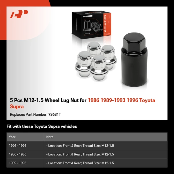 5 Pcs M12-1.5 Wheel Lug Nut for 1986 1989-1993 1996 Toyota Supra