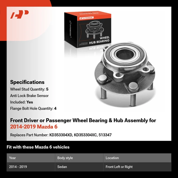 Front Driver or Passenger Wheel Bearing & Hub Assembly for 2014-2019 Mazda 6