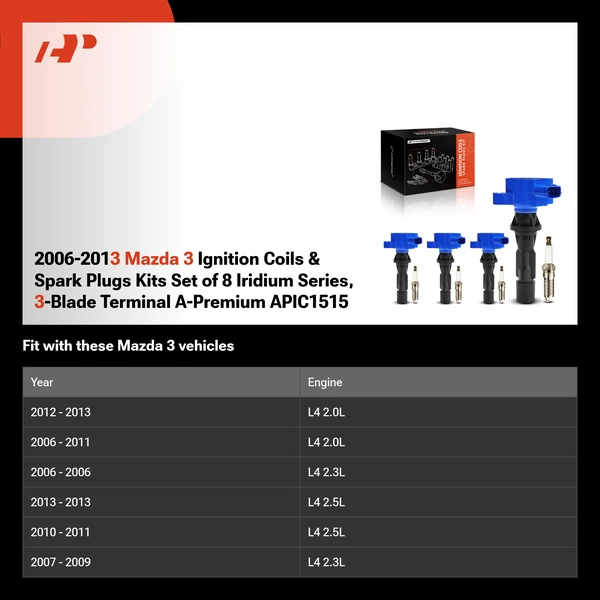 2006-2013 Mazda 3 Ignition Coils & Spark Plugs Kits Set of 8 Iridium Series, 3-Blade Terminal A-Premium APIC1515