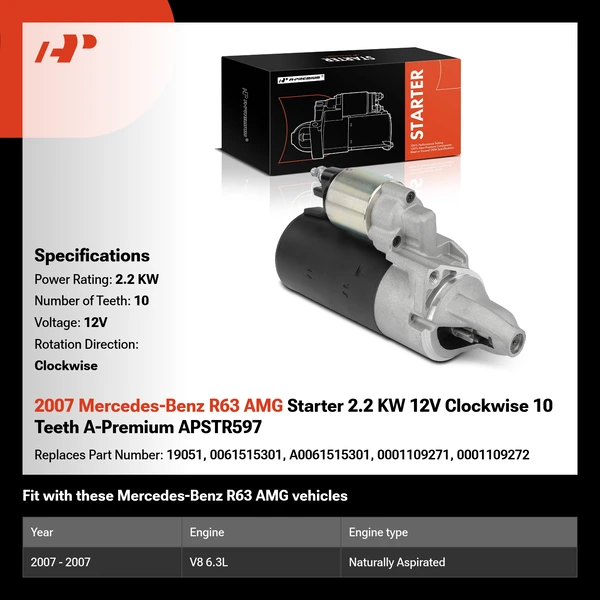 2007 Mercedes-Benz R63 AMG Starter 2.2 KW 12V Clockwise 10 Teeth A-Premium APSTR597