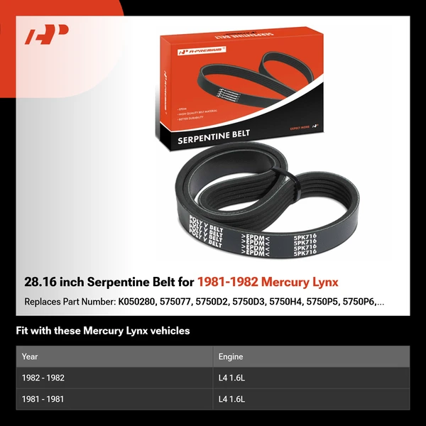 28.16 inch Serpentine Belt for 1981-1982 Mercury Lynx