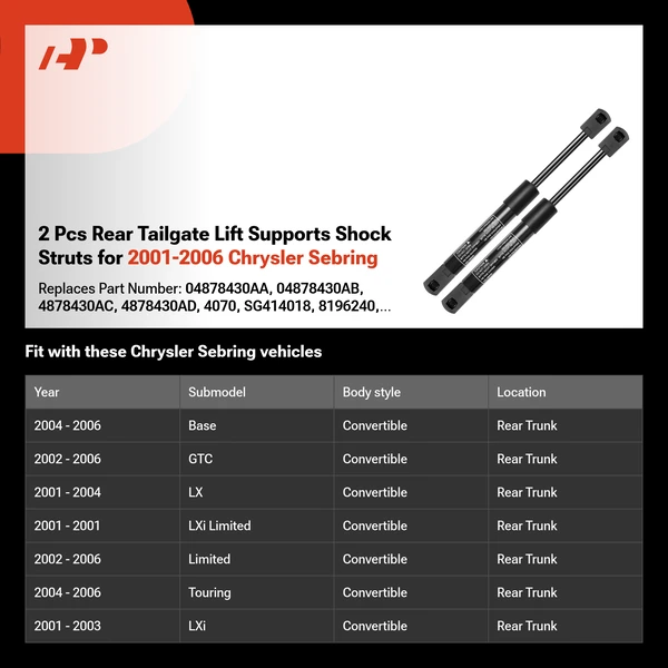 2 Pcs Rear Tailgate Lift Supports Shock Struts for 2001-2006 Chrysler Sebring
