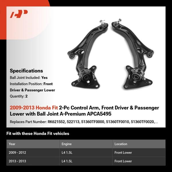 2009-2013 Honda Fit 2-Pc Control Arm, Front Driver & Passenger Lower with Ball Joint A-Premium APCA5495