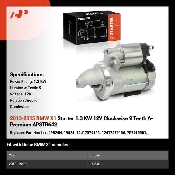 2013-2015 BMW X1 Starter 1.3 KW 12V Clockwise 9 Teeth A-Premium APSTR642