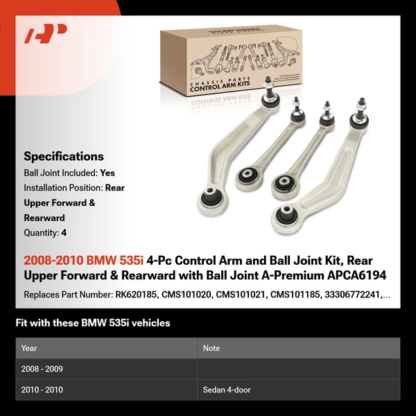 2008-2010 BMW 535i 4-Pc Control Arm and Ball Joint Kit, Rear Upper Forward & Rearward with Ball Joint A-Premium APCA6194